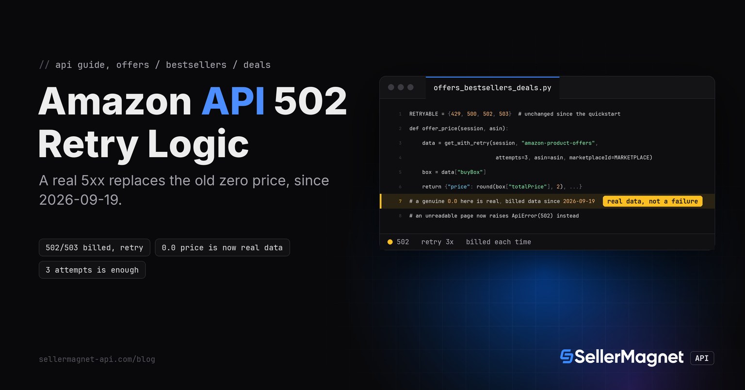 Code editor with a retry wrapper for Amazon offers, bestsellers and deals that reacts to a 502 instead of a zero price