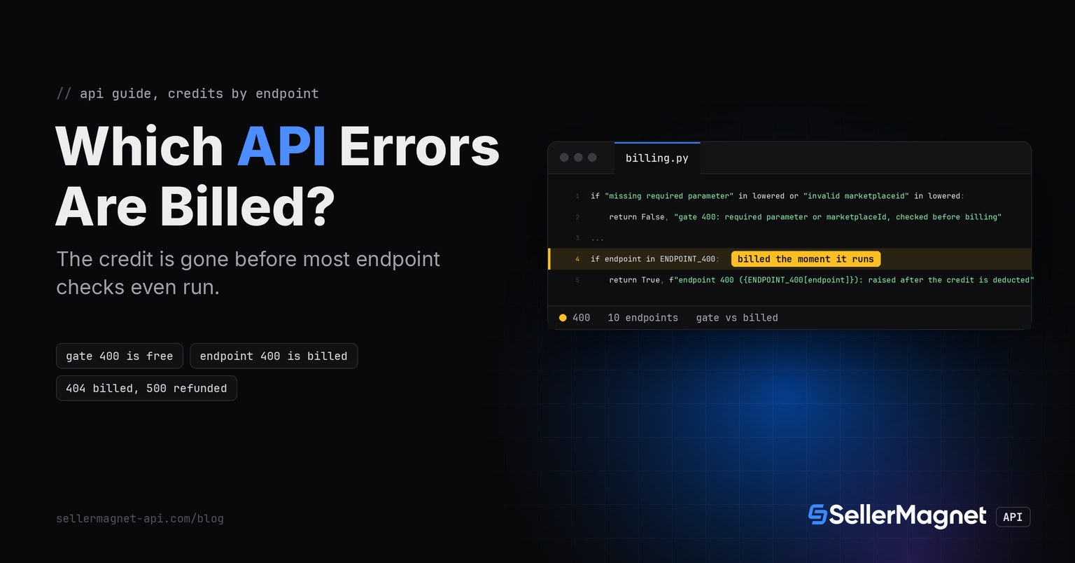 Code editor with a billing classifier that labels a SellerMagnet API error as free or billed per endpoint