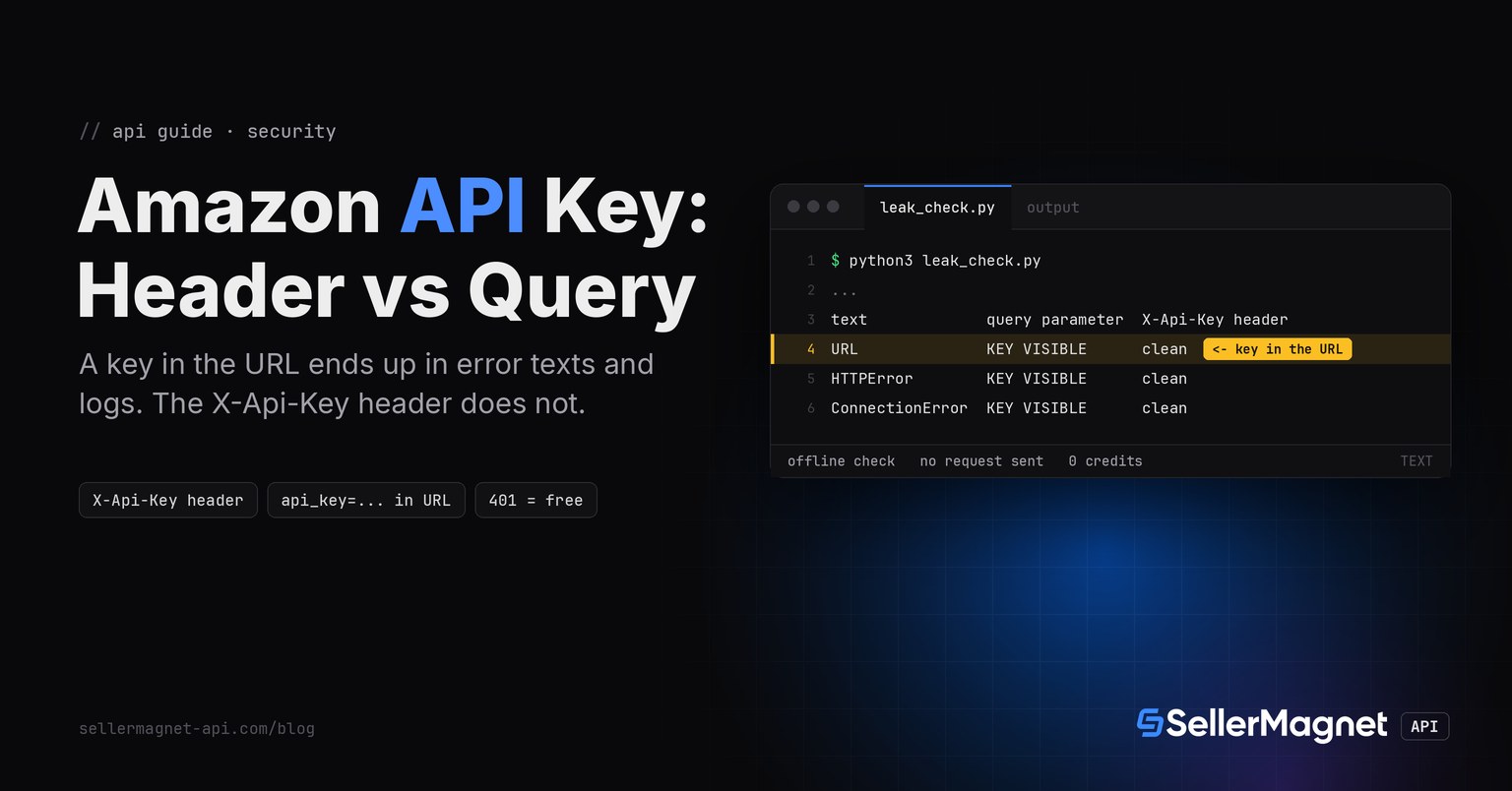 Terminal running a Python check that shows an API key visible in the URL and error texts when sent as a query parameter, and clean when sent in the X-Api-Key header