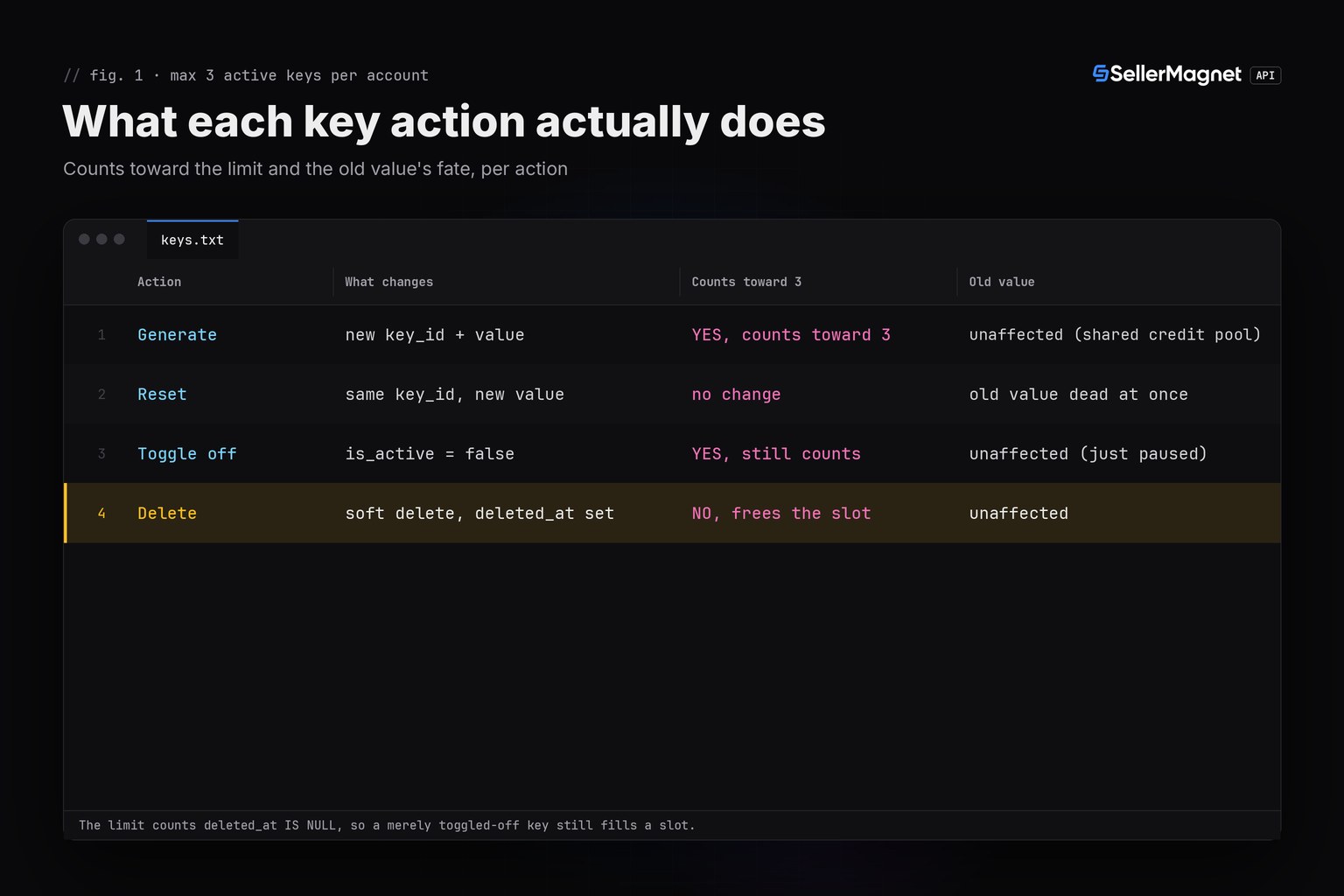 Terminal-theme table comparing Generate, Reset, Toggle off and Delete for an Amazon API key