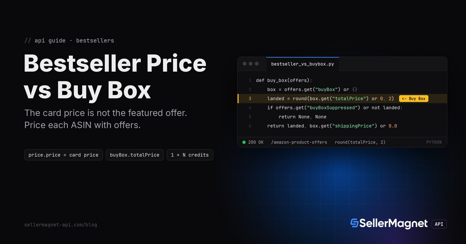 Terminal window with the Python function that reads the live Buy Box price from the offers endpoint