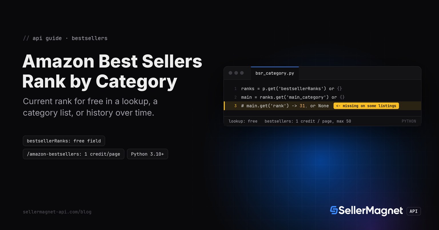 Terminal window showing a Python function that reads a product's current Best Sellers Rank