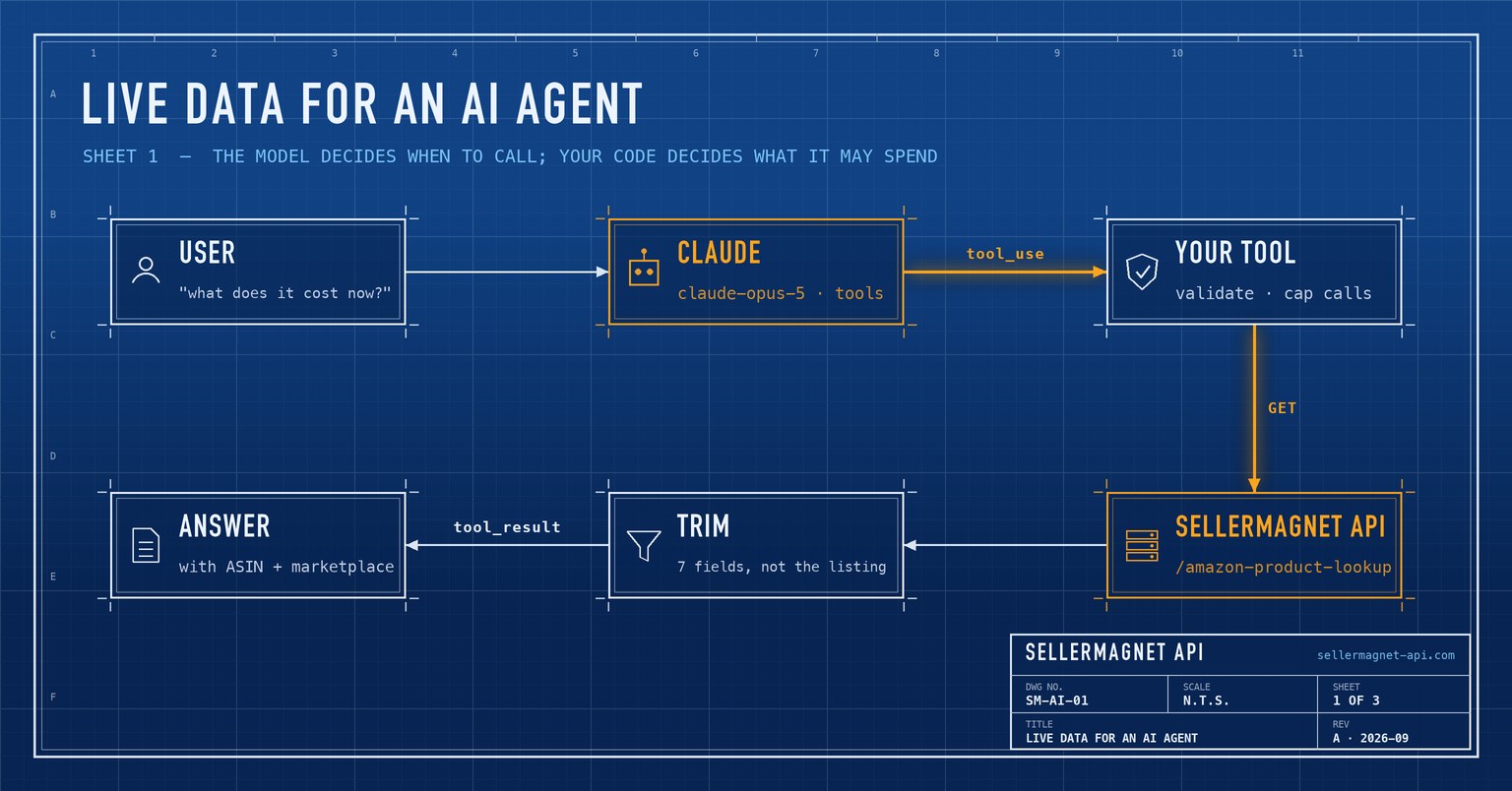 Blueprint flow of a question going from a user through a Claude agent and a tool to the SellerMagnet API