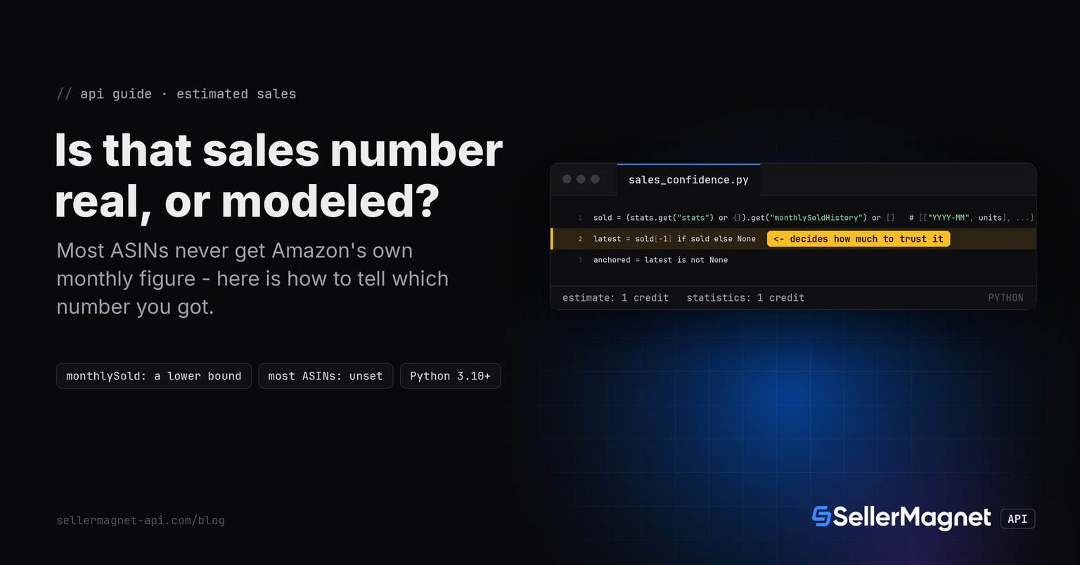 Terminal window showing a Python function that classifies an Amazon sales estimate as anchored or modeled