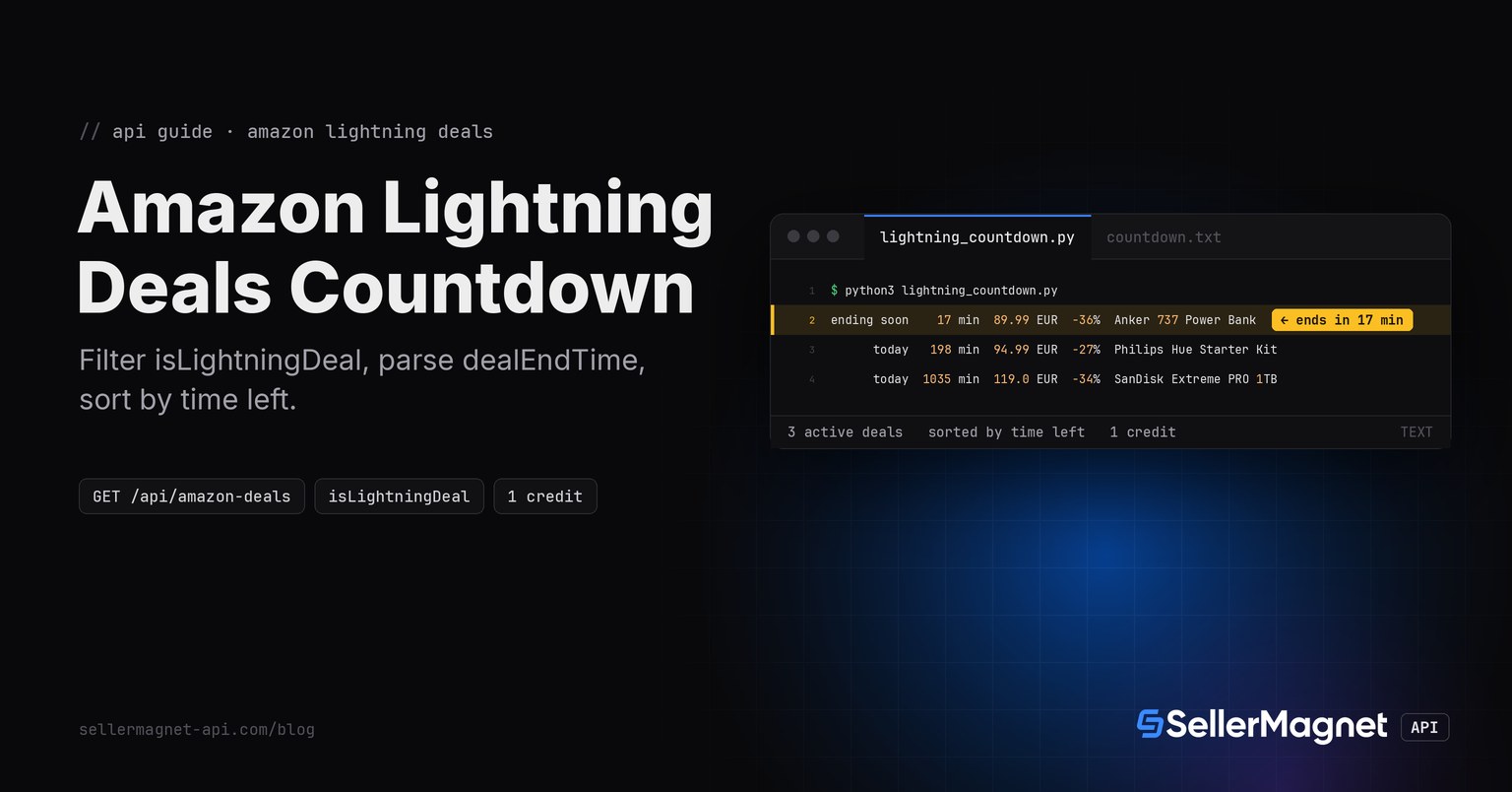 Code editor running lightning_countdown.py next to its terminal output: a sorted countdown of active Amazon lightning deals