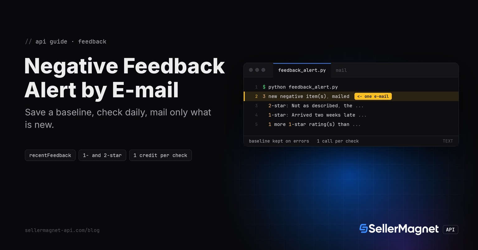 Terminal window running a Python script that reports new negative Amazon seller feedback
