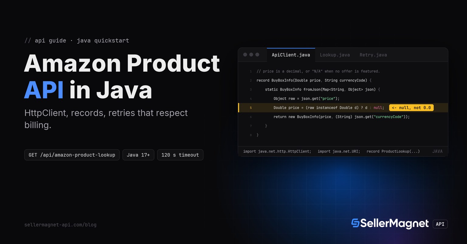 Code editor with the Java BuyBoxInfo record whose fromJson keeps price null when the API sends N/A