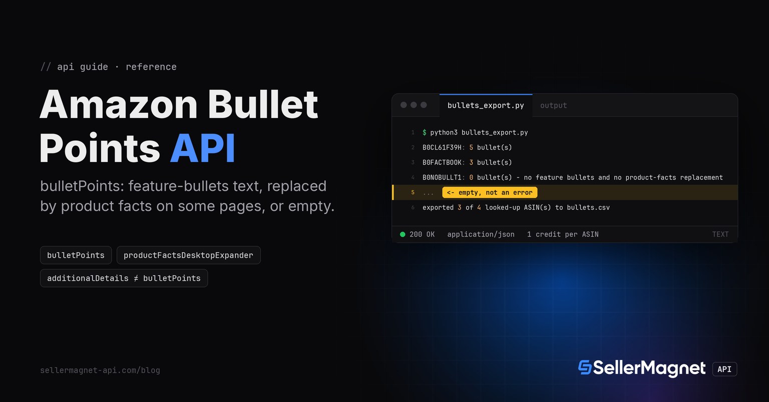 Terminal running a Python script that exports Amazon feature bullets for a batch of ASINs