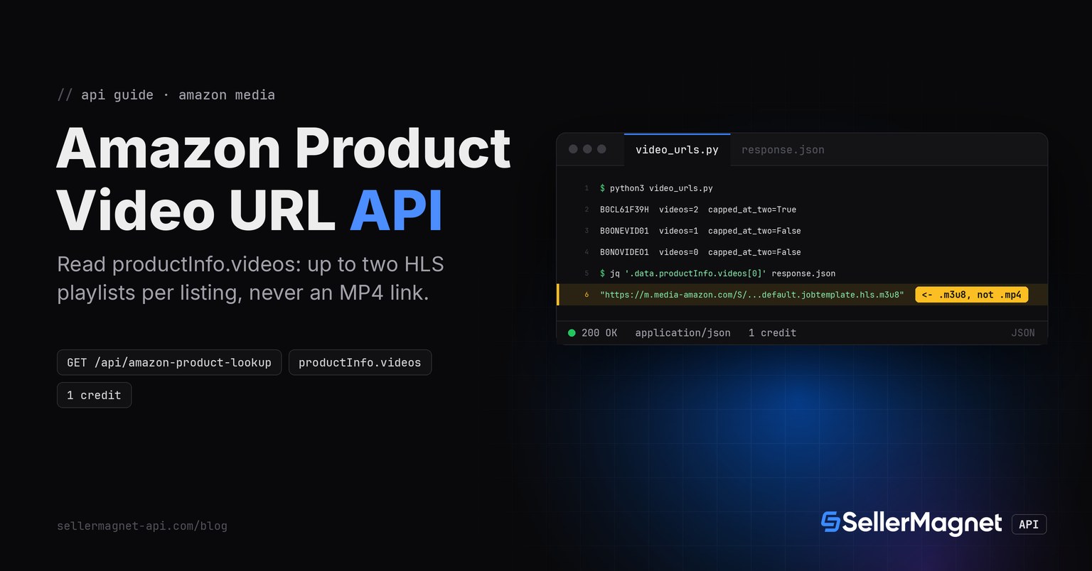 Terminal running a Python script that reads an Amazon product's video URLs and the JSON response showing an HLS m3u8 playlist