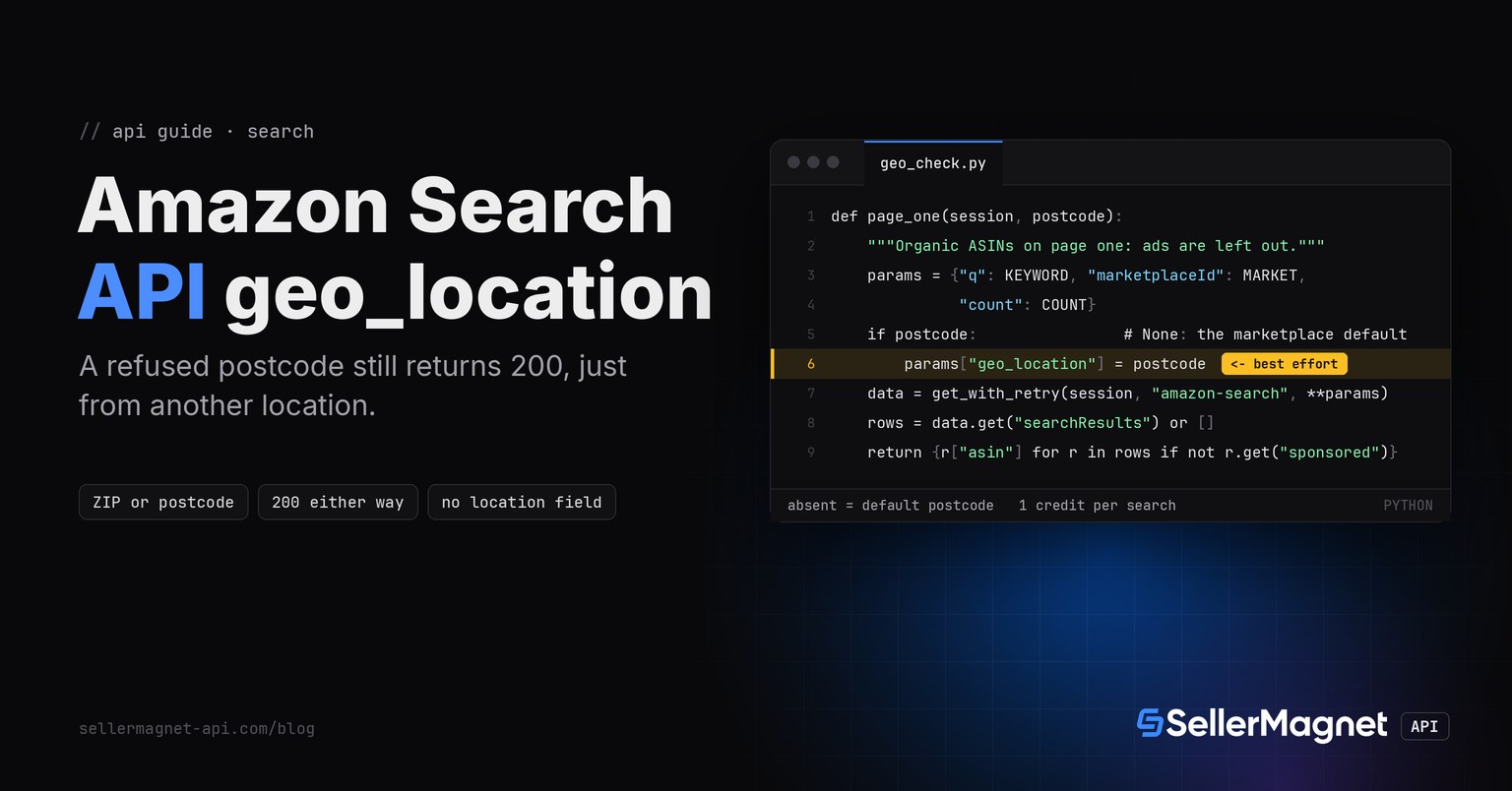 Terminal window with the Python function that sends geo_location to the Amazon search API, the geo_location line marked best effort