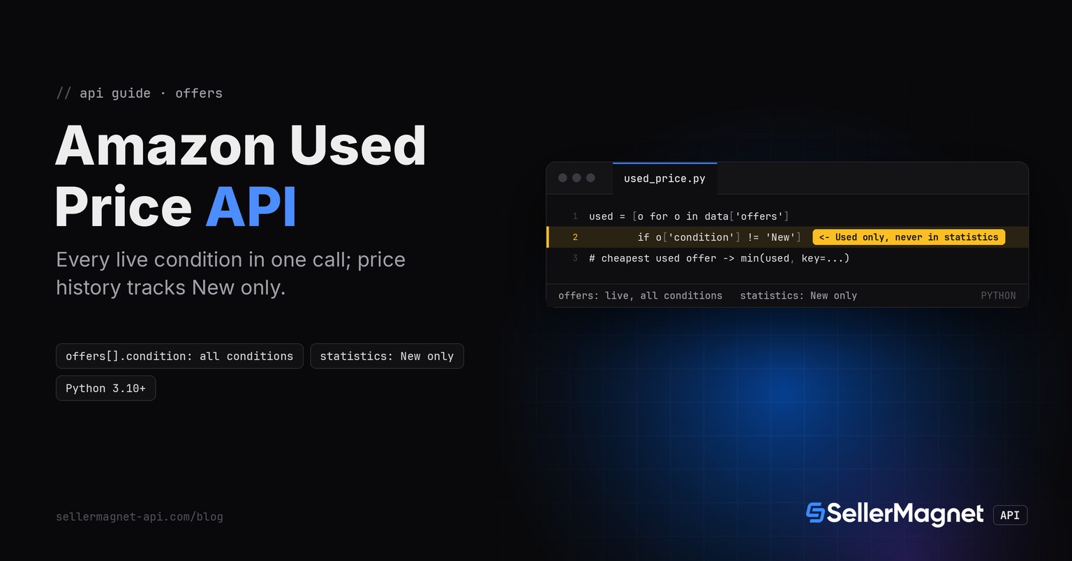 Terminal window showing a Python function that filters Amazon offers to used conditions